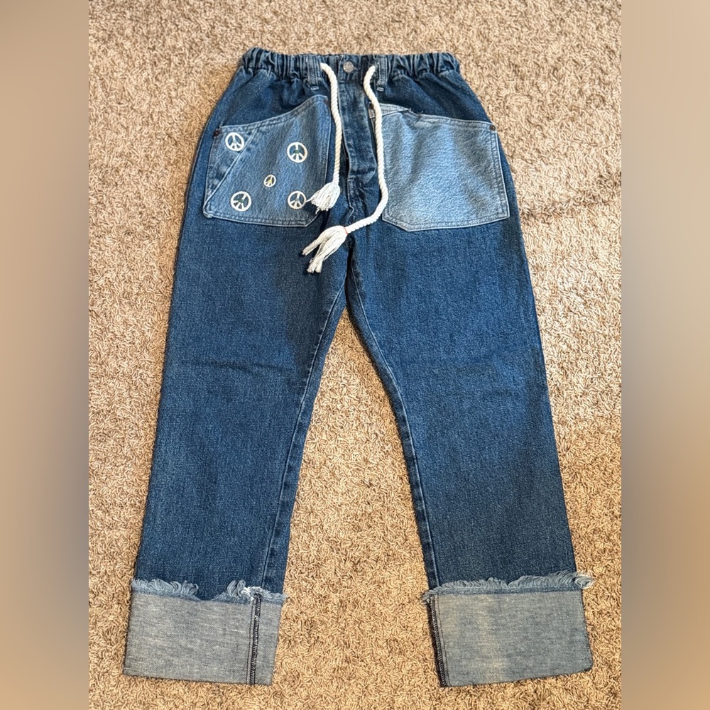 Dr. Collectors Denim Jogger Pants with Peace Sign Patches